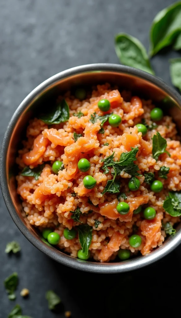 Homemade salmon dog food recipe with brown rice, peas, and fresh herbs - natural remedy for dogs with skin allergies