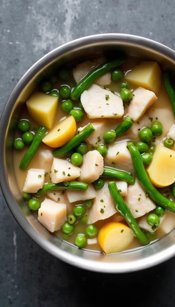 Homemade Fish Stew for Dogs with Skin Allergies - Healthy cod stew with potatoes, green beans, and peas in a stainless steel bowl