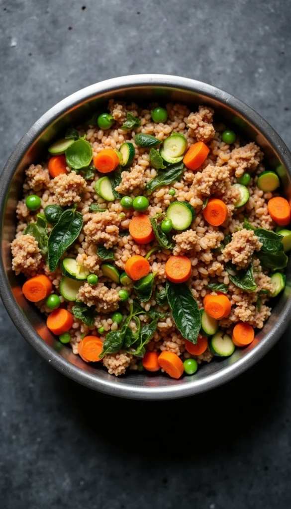 Homemade dog food recipe with turkey, rice, carrots, peas, zucchini and fresh spinach for dogs with skin allergies - Turkey and Sweet Potato Delight