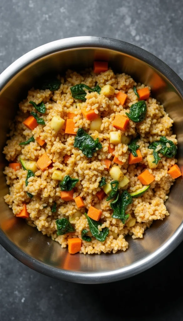 Homemade dog food for arthritis: Turkey and Vegetable recipe with brown rice, carrots, and spinach in stainless steel bowl