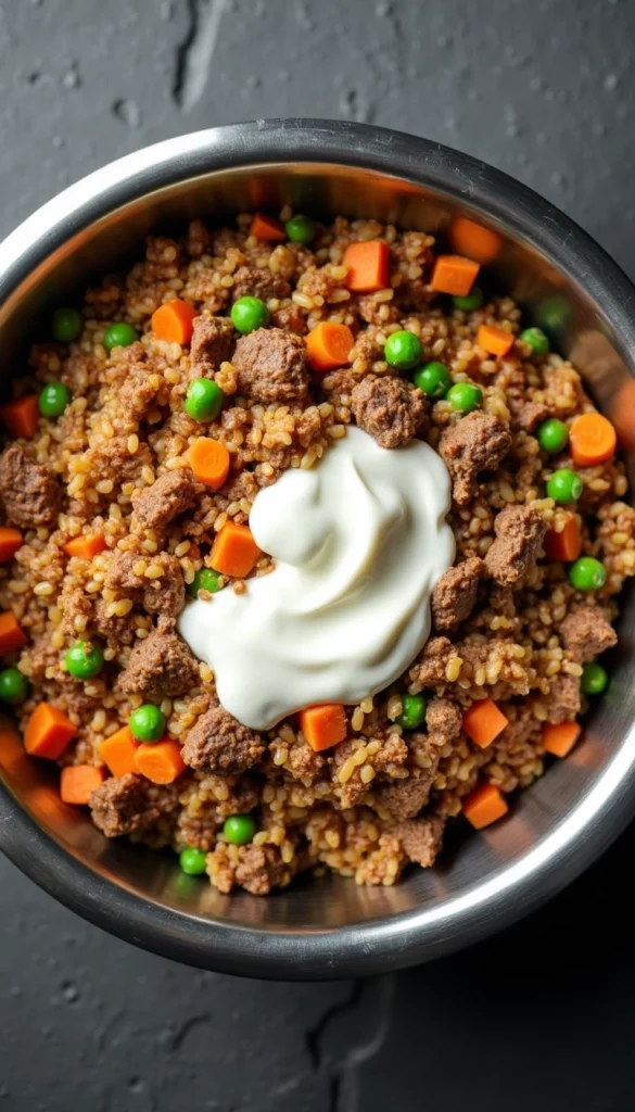 Homemade dog food with ground beef, brown rice, carrots, peas and yogurt for senior dogs