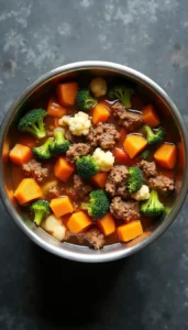 Homemade senior dog food stew with venison and sweet potatoes in metal bowl