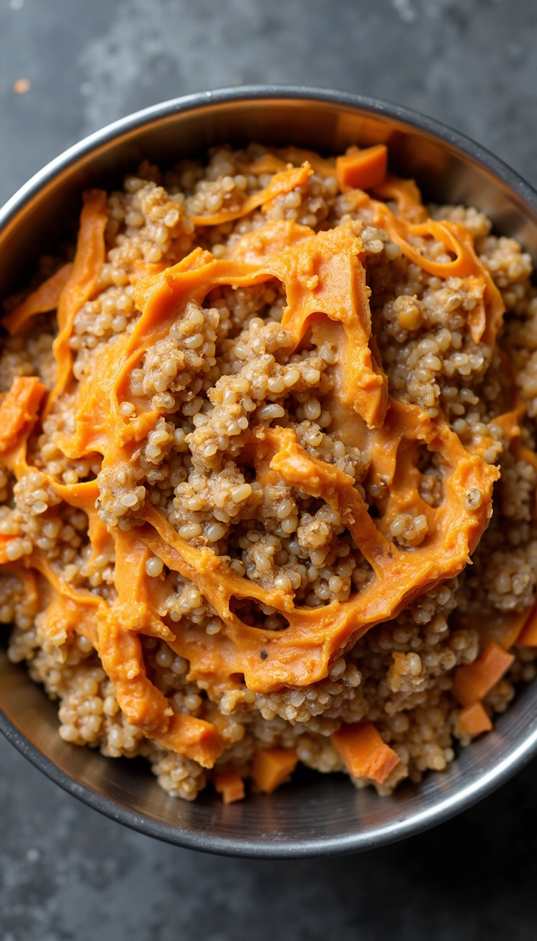 Homemade vegan dog food with quinoa and sweet potato sauce for skin allergies