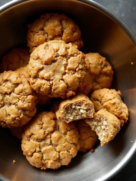 Homemade banana oatmeal dog treats with crispy golden exterior and tender center