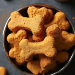 Homemade peanut butter pumpkin dog treats shaped like bones in a black bowl with jar of peanut butter