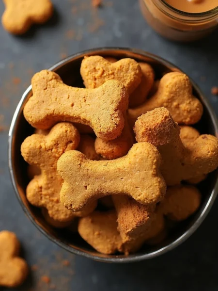 Homemade peanut butter pumpkin dog treats shaped like bones in a black bowl with jar of peanut butter