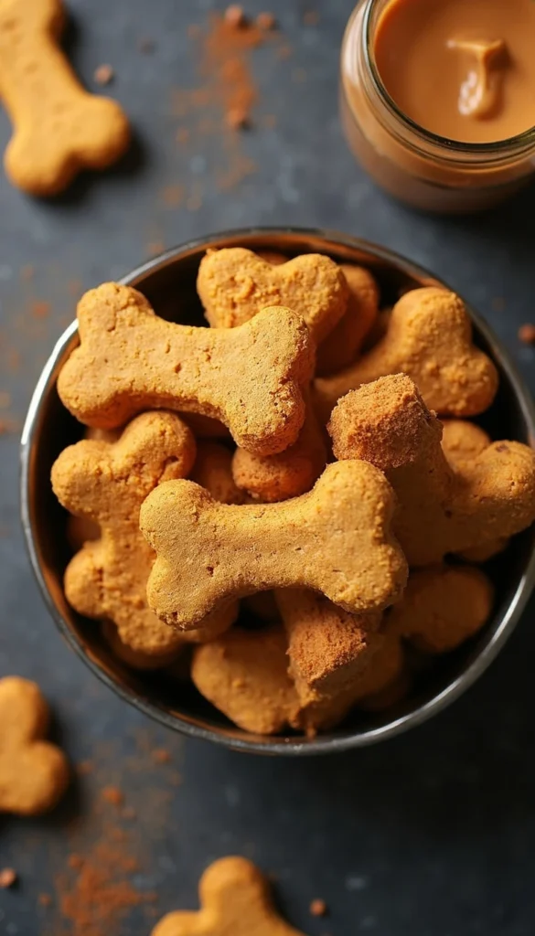 Homemade peanut butter pumpkin dog treats shaped like bones in a black bowl with jar of peanut butter