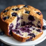 Homemade blueberry oat dog birthday cake recipe with fresh blueberries on white cake stand