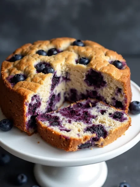 Homemade blueberry oat dog birthday cake recipe with fresh blueberries on white cake stand