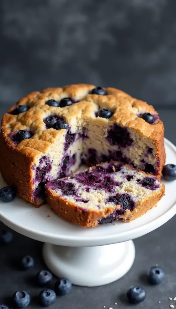 Homemade blueberry oat dog birthday cake recipe with fresh blueberries on white cake stand