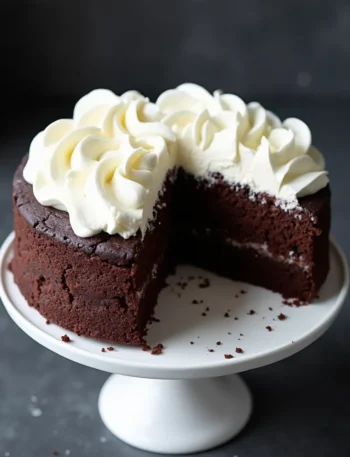 Homemade dog birthday cake with carob and yogurt frosting on white cake stand