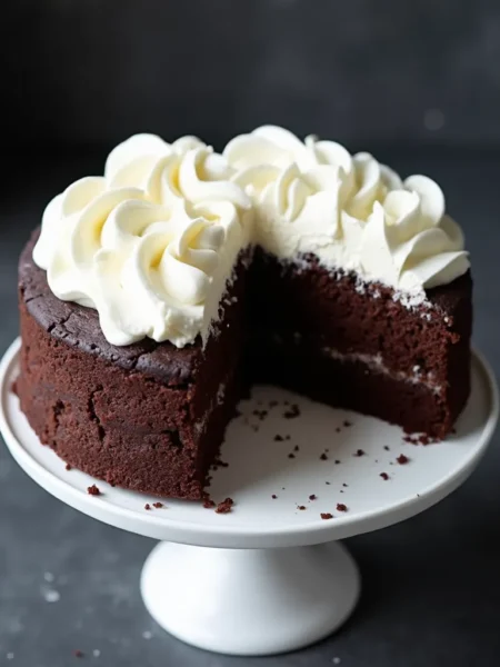 Homemade dog birthday cake with carob and yogurt frosting on white cake stand