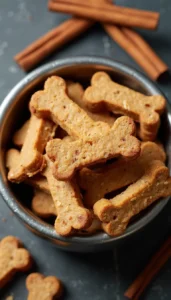 Homemade apple cinnamon dog treats shaped like bones in a dark bowl with cinnamon sticks