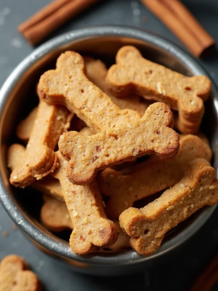 Homemade apple cinnamon dog treats shaped like bones in a dark bowl with cinnamon sticks