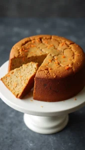 3-ingredient peanut butter carrot dog birthday cake with shredded carrots on white cake stand