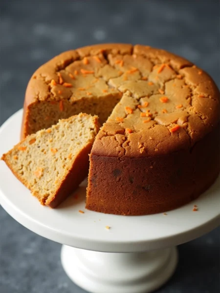 3-ingredient peanut butter carrot dog birthday cake with shredded carrots on white cake stand