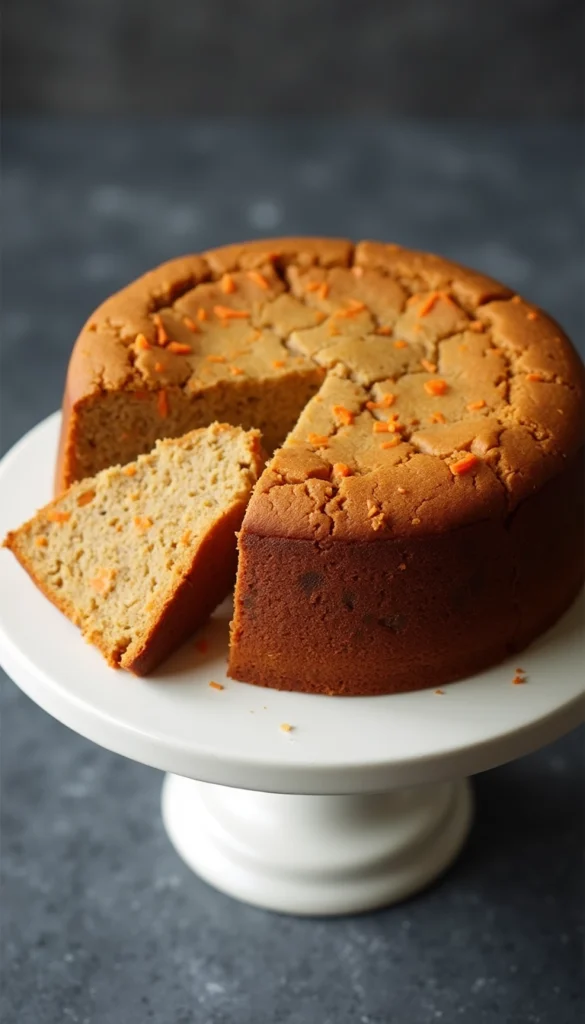 3-ingredient peanut butter carrot dog birthday cake with shredded carrots on white cake stand