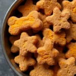 Homemade sweet potato peanut butter dog treats shaped like bones and stars in a metal bowl