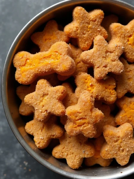 Homemade sweet potato peanut butter dog treats shaped like bones and stars in a metal bowl