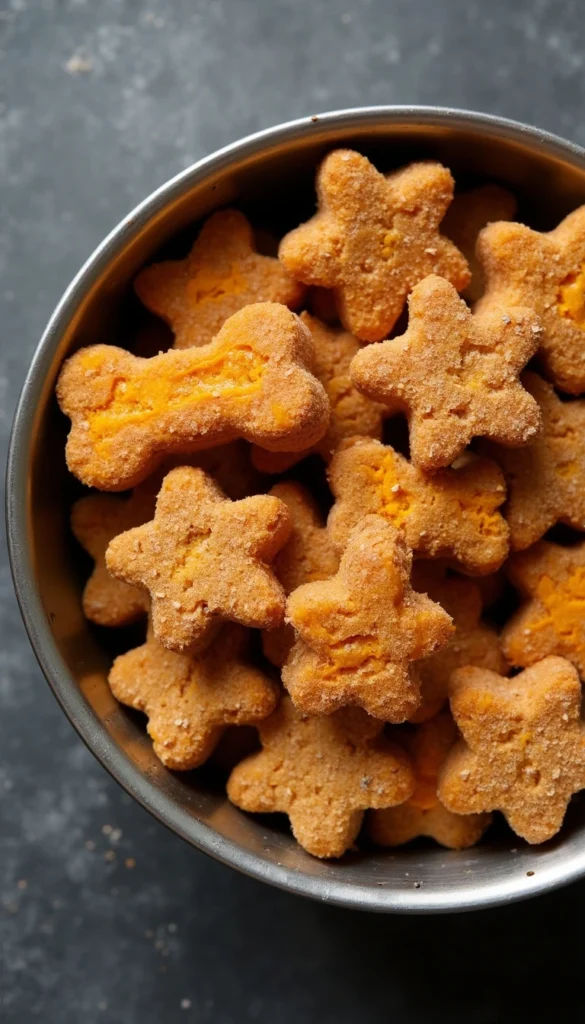 Homemade sweet potato peanut butter dog treats shaped like bones and stars in a metal bowl