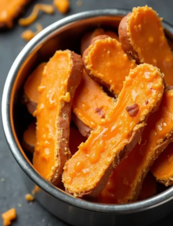 Homemade Cheesy Sweet Potato Chews dog treat recipe served in black bowl