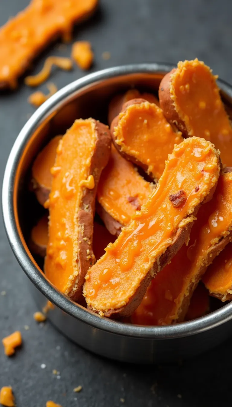 Homemade Cheesy Sweet Potato Chews dog treat recipe served in black bowl