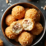 Homemade chicken and rice balls dog treats recipe - golden brown crispy exterior with shredded chicken filling