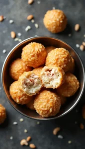 Homemade chicken and rice balls dog treats recipe - golden brown crispy exterior with shredded chicken filling