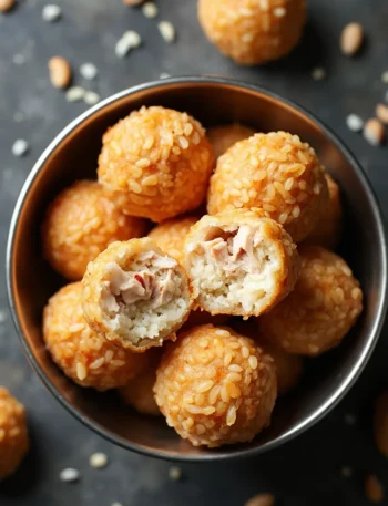 Homemade chicken and rice balls dog treats recipe - golden brown crispy exterior with shredded chicken filling