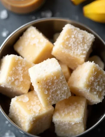 Homemade frozen peanut butter banana dog treats cubes in metal bowl with fresh bananas and peanut butter jar