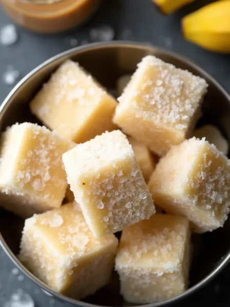 Homemade frozen peanut butter banana dog treats cubes in metal bowl with fresh bananas and peanut butter jar