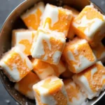 Homemade frozen pumpkin and yogurt dog treats with marbled swirl pattern in a metal bowl