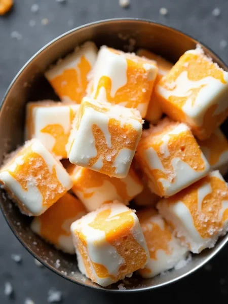 Homemade frozen pumpkin and yogurt dog treats with marbled swirl pattern in a metal bowl