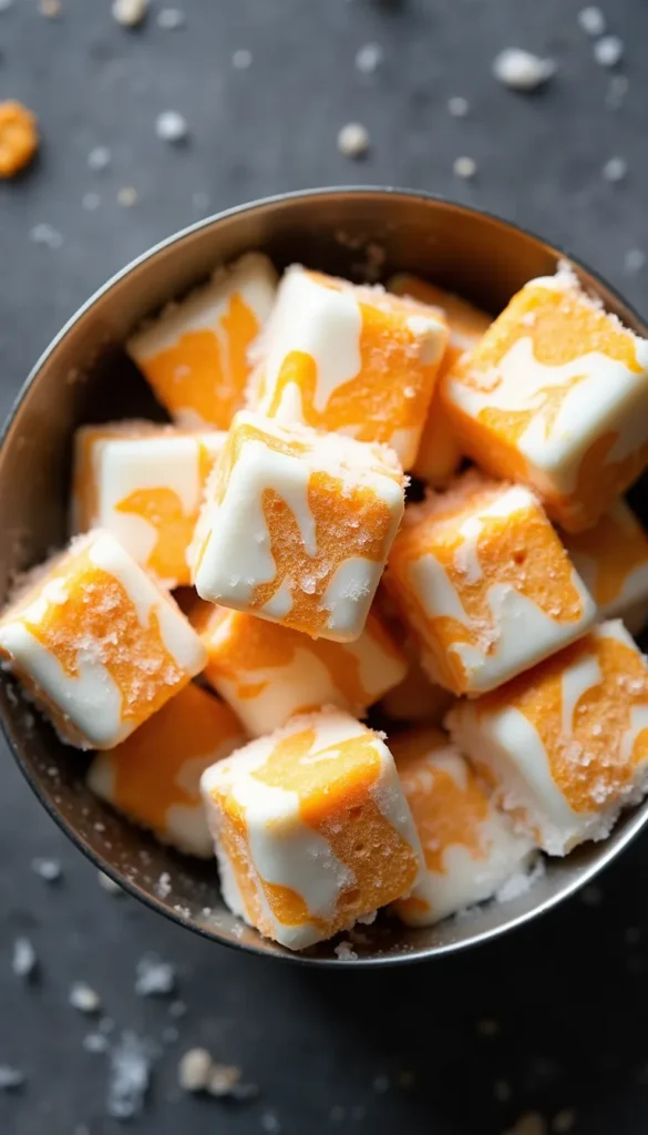 Homemade frozen pumpkin and yogurt dog treats with marbled swirl pattern in a metal bowl