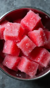 Homemade frozen watermelon cube dog treats in a dark bowl showing frosty, refreshing texture