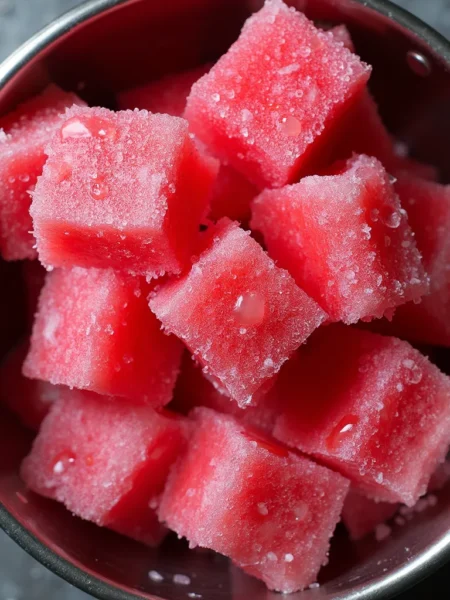 Homemade frozen watermelon cube dog treats in a dark bowl showing frosty, refreshing texture