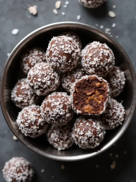 Homemade No-Bake Carob and Coconut Dog Treats in a dark bowl showing texture and peanut butter center