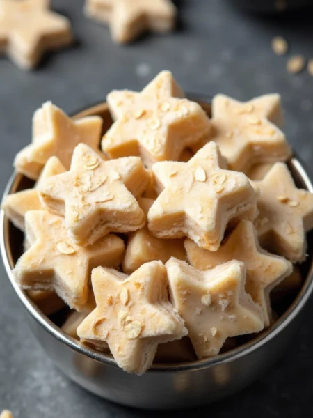 Homemade frozen yogurt and peanut butter dog treats shaped like stars in a metal bowl against dark background