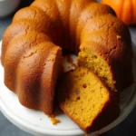 Homemade pumpkin dog birthday cake with moist golden crumb texture displayed on white cake stand with fresh pumpkins