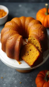 Homemade pumpkin dog birthday cake with moist golden crumb texture displayed on white cake stand with fresh pumpkins