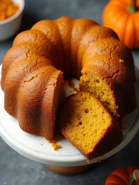 Homemade pumpkin dog birthday cake with moist golden crumb texture displayed on white cake stand with fresh pumpkins