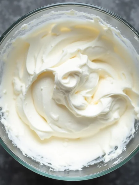 Healthy homemade dog cake frosting recipe made with natural ingredients in glass bowl